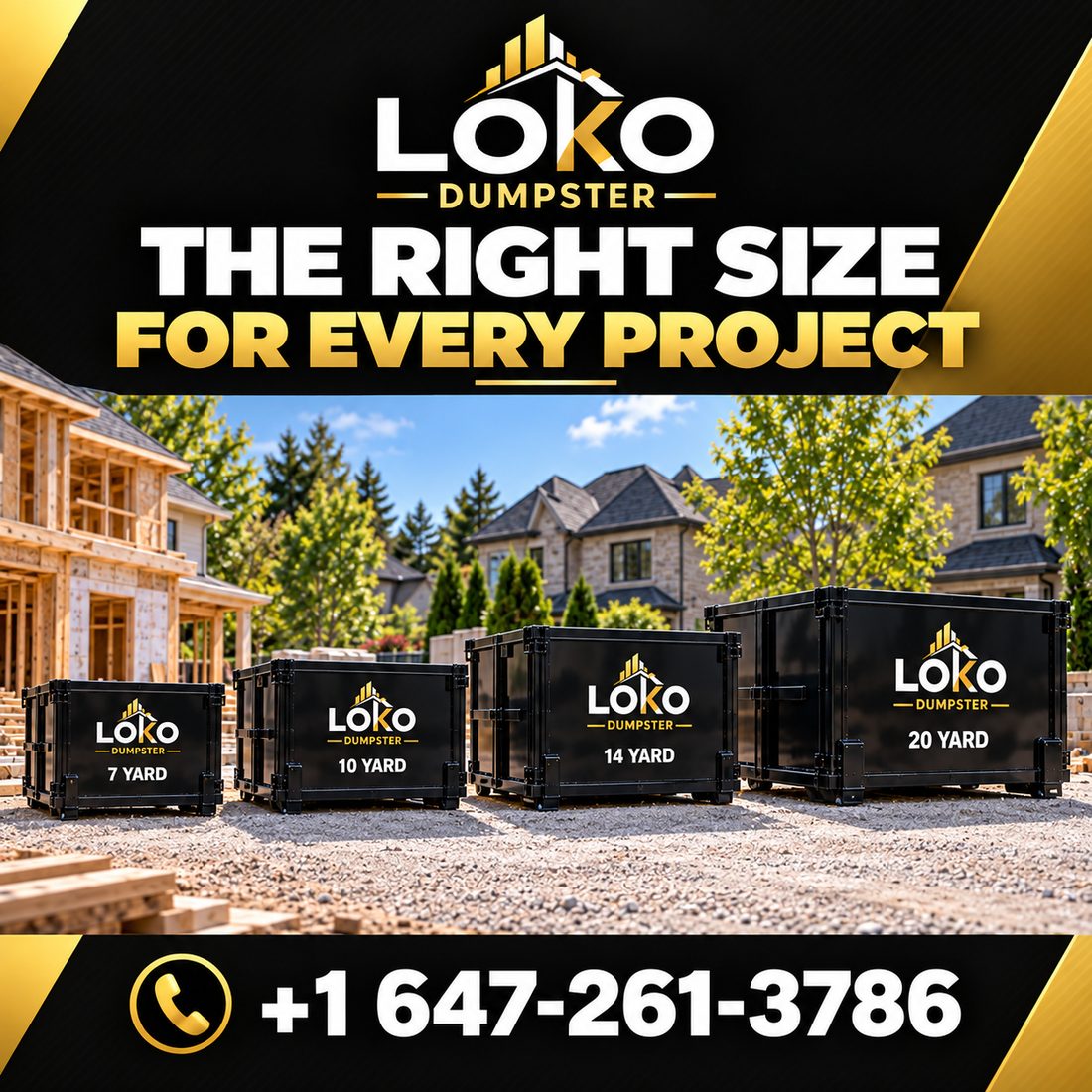 LOKO Dumpster 10, 14, and 20 yard roll-off bins lined up on a job site